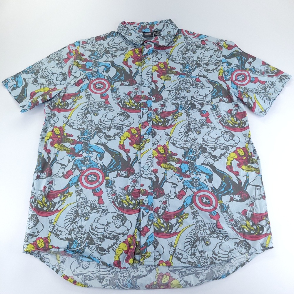 Marvel Avengers Comics Camp Shirt Men's Large All Over Print Button Up Hawaiian
